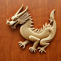 A Chinese dragon with a textured wooden surface, featuring a long, sinuous body and ornate scales