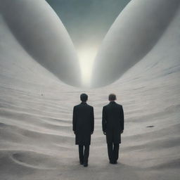 Two men disorientated and lost in an abstract, surreal landscape suggestive of time dilation or temporal displacement