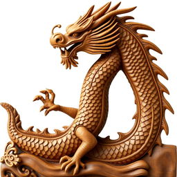 A Chinese dragon with a textured wooden surface, featuring a long, sinuous body and ornate scales