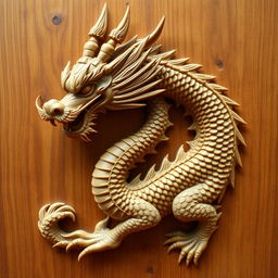 A Chinese dragon with a textured wooden surface, featuring a long, sinuous body and ornate scales