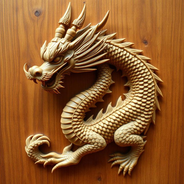 A Chinese dragon with a textured wooden surface, featuring a long, sinuous body and ornate scales