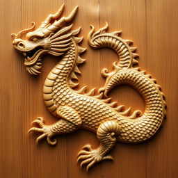 A Chinese dragon with a textured wooden surface, featuring a long, sinuous body and ornate scales