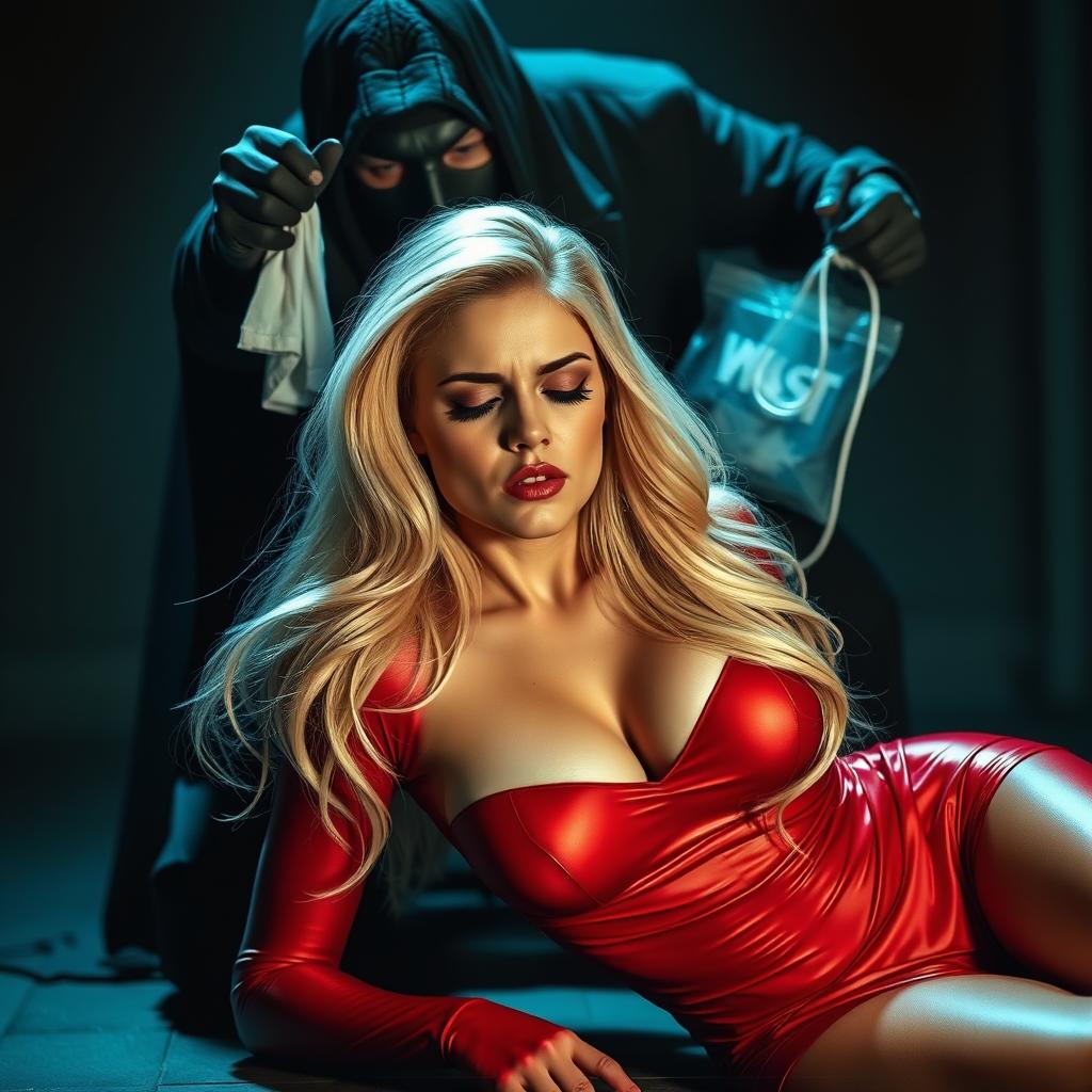 A sexy, sleepy, and scared blonde superheroine wearing a vibrant red costume is on her knees, being grabbed and put to sleep by a masked villain who holds a small, white chloroform cloth