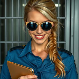 a close-up of a woman resembling Alexa Bliss dressed as a police officer, with blonde hair and wearing a blue uniform shirt tied at the front