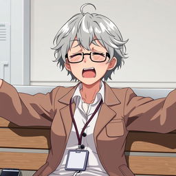 an anime-style mature waifu character, aged 60, depicted as a personal boss with unkempt gray hair shining with white highlights