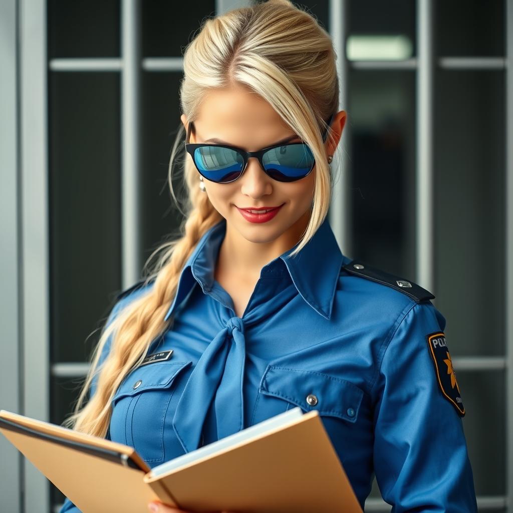 a close-up of a woman with blonde hair dressed as a police officer, wearing a blue uniform shirt tied at the front