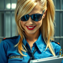 a close-up of a woman with blonde hair dressed as a police officer, wearing a blue uniform shirt tied at the front