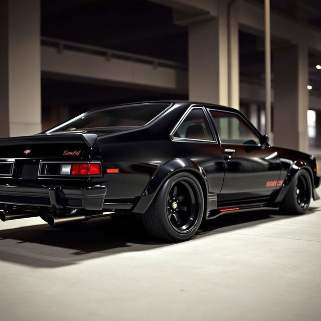 A meticulously tuned Chevrolet Nova 1980, clad in a deep, glossy black finish that highlights its impressive modifications