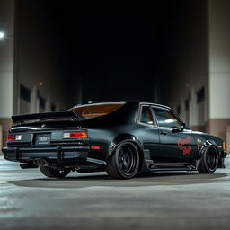 A meticulously tuned Chevrolet Nova 1980, clad in a deep, glossy black finish that highlights its impressive modifications