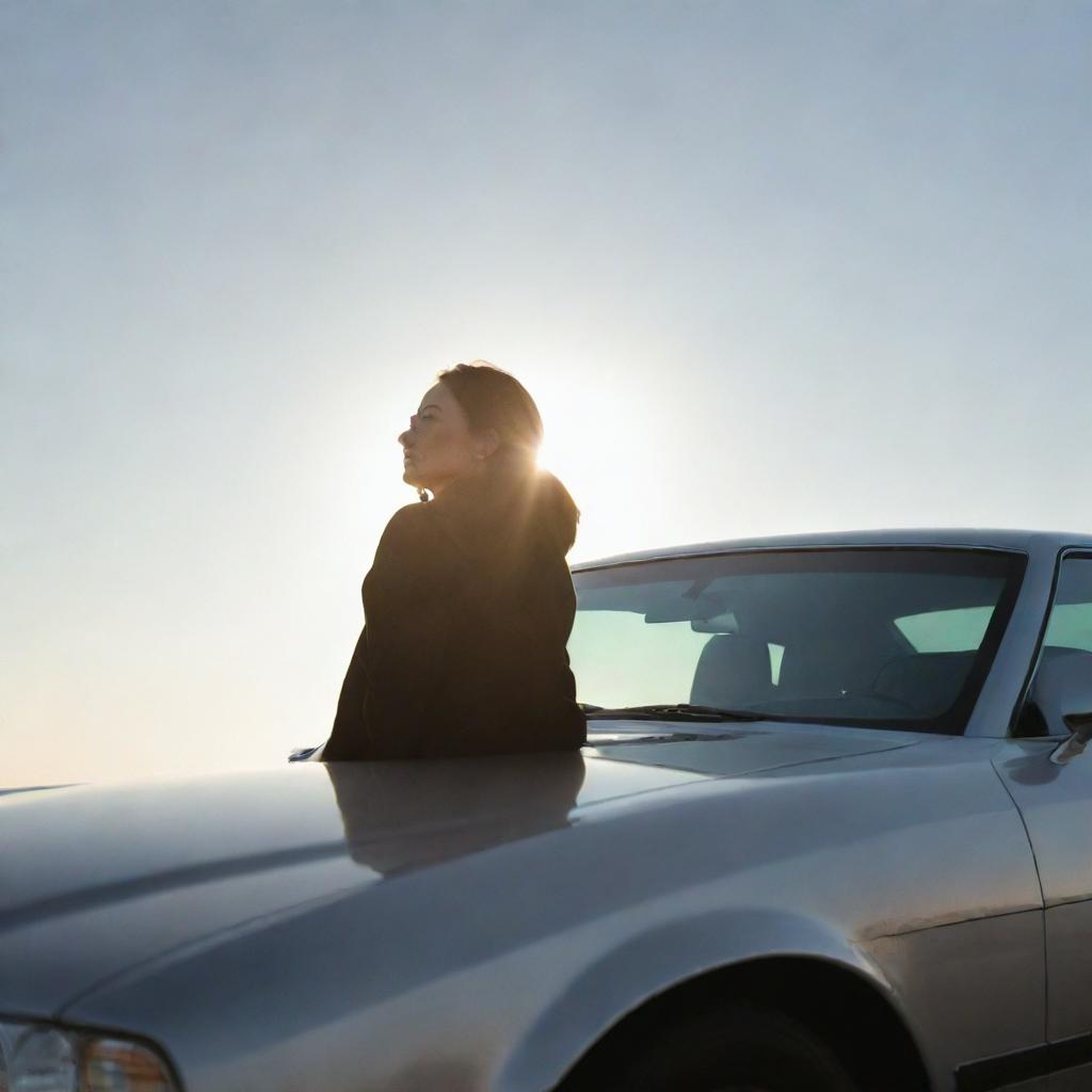 A woman tranquilly sitting upon the hood of a shiny, high-end car under a sunlit sky