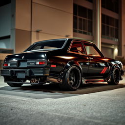 A meticulously tuned Chevrolet Nova 1980, clad in a deep, glossy black finish that highlights its impressive modifications