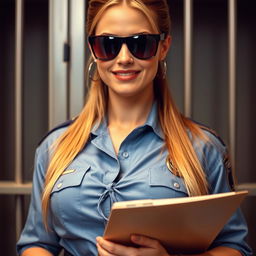 a close-up of a woman resembling Alicia Silverstone dressed as a police officer, featuring a large chest and wearing a blue uniform shirt tied at the front