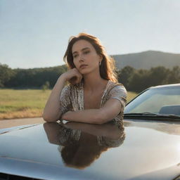 A woman tranquilly sitting upon the hood of a shiny, high-end car under a sunlit sky