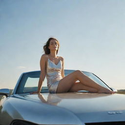 A woman tranquilly sitting upon the hood of a shiny, high-end car under a sunlit sky