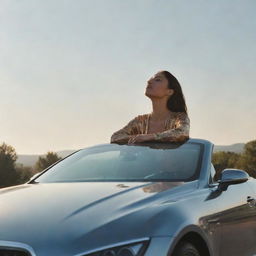 A woman tranquilly sitting upon the hood of a shiny, high-end car under a sunlit sky