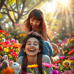 A humorous and imaginative scene where a girl is performing a comical prank by gently sitting on a friend's face as they both laugh