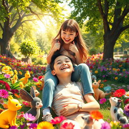 A humorous and imaginative scene where a girl is performing a comical prank by gently sitting on a friend's face as they both laugh