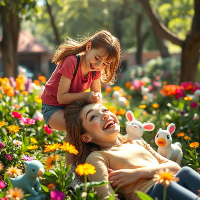 A humorous and imaginative scene where a girl is performing a comical prank by gently sitting on a friend's face as they both laugh