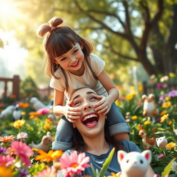 A humorous and imaginative scene where a girl is performing a comical prank by gently sitting on a friend's face as they both laugh