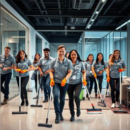 A group of professional cleaners in a modern, sparkling clean office environment