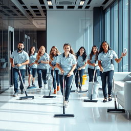 A group of professional cleaners in a modern, sparkling clean office environment