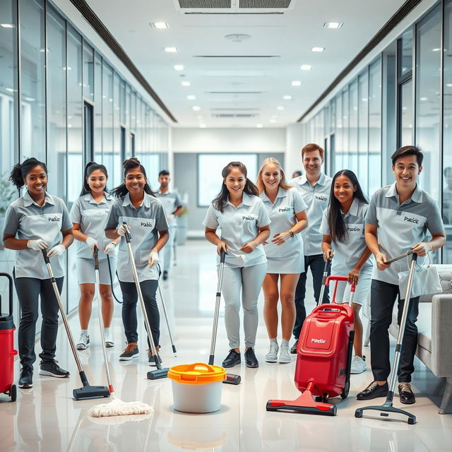 A group of professional cleaners in a modern, sparkling clean office environment