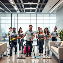 A group of professional cleaners in a modern, sparkling clean office environment