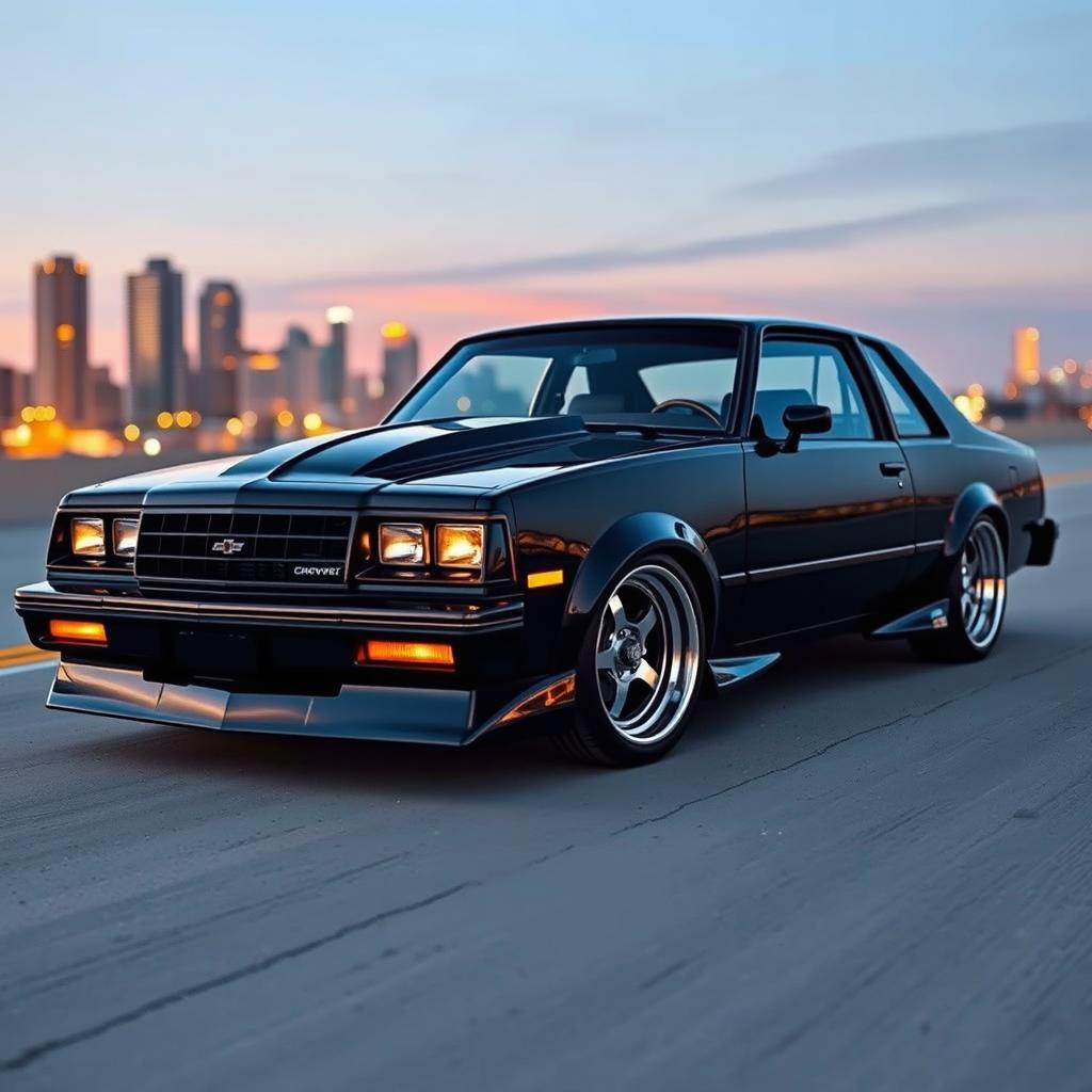 A stunningly tuned 1985 Chevrolet Chevy Nova in a sleek black finish, showcased on an open road