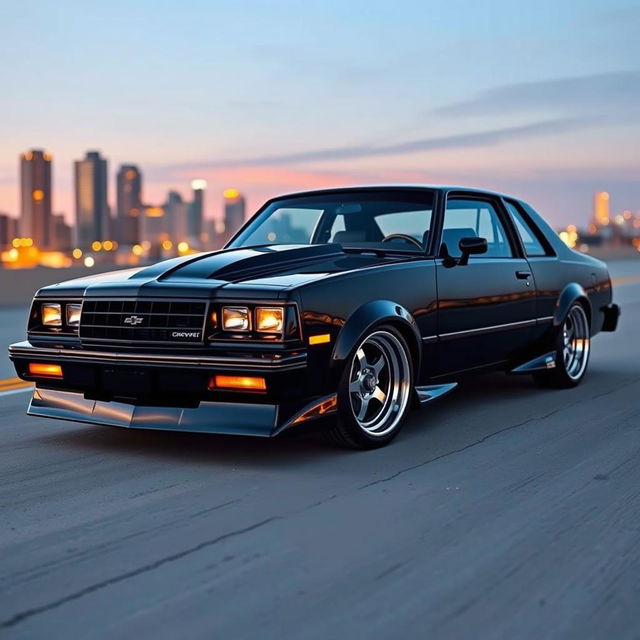 A stunningly tuned 1985 Chevrolet Chevy Nova in a sleek black finish, showcased on an open road