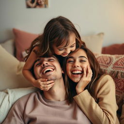 A girl playfully sitting on a partner's face, both laughing and enjoying the playful moment, capturing the essence of youthful fun and spontaneity