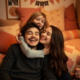 A girl playfully sitting on a partner's face, both laughing and enjoying the playful moment, capturing the essence of youthful fun and spontaneity