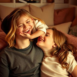 A girl playfully sitting on a partner's face, both laughing and enjoying the playful moment, capturing the essence of youthful fun and spontaneity