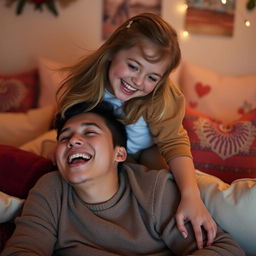 A girl playfully sitting on a partner's face, both laughing and enjoying the playful moment, capturing the essence of youthful fun and spontaneity