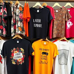 A collection of stylish T-shirts in various colors and designs, displayed on hangers