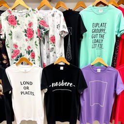 A collection of stylish T-shirts in various colors and designs, displayed on hangers