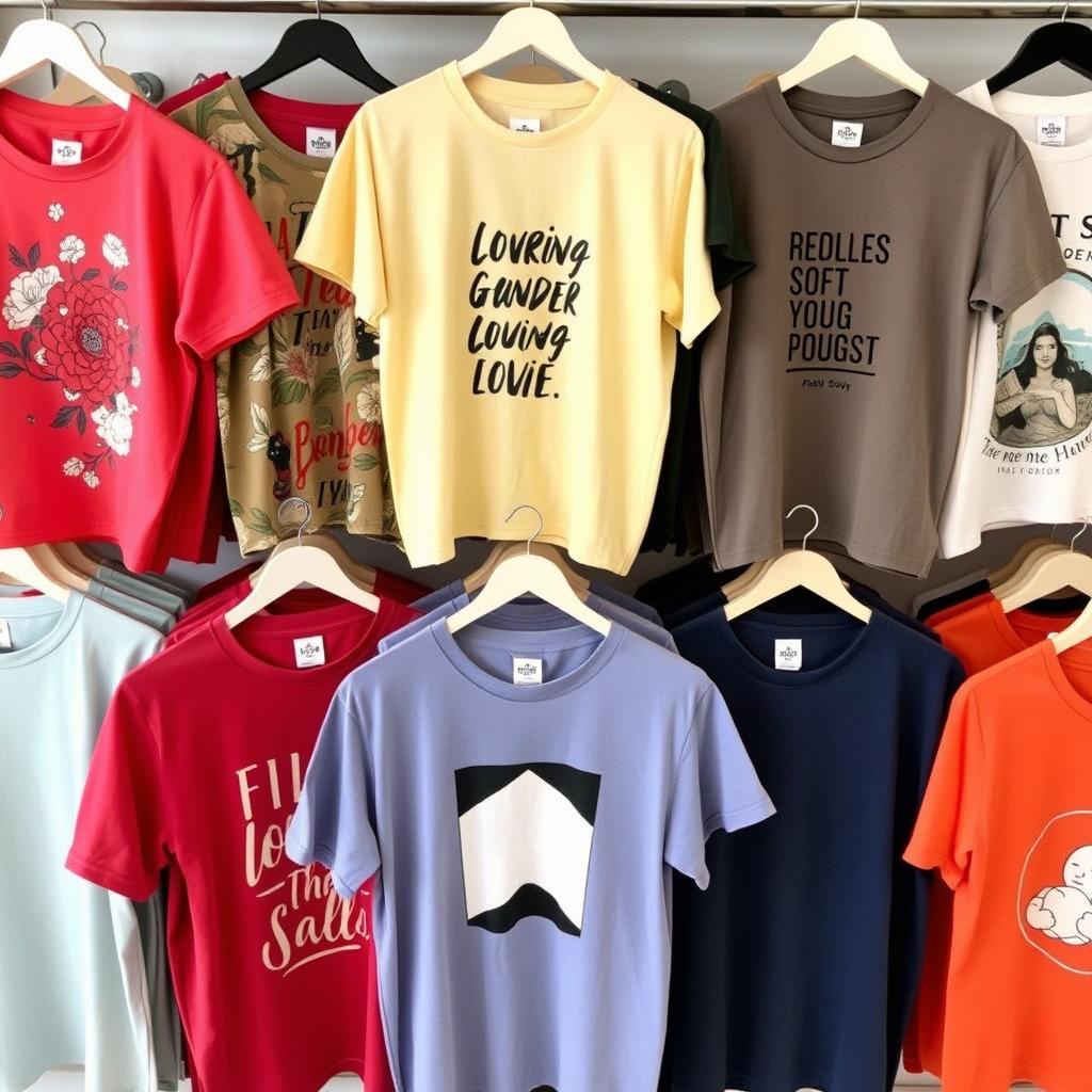 A collection of stylish T-shirts in various colors and designs, displayed on hangers