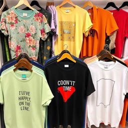 A collection of stylish T-shirts in various colors and designs, displayed on hangers