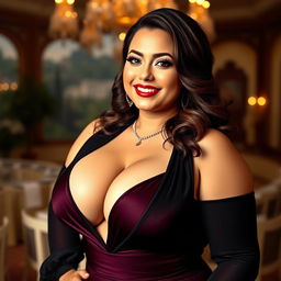 A voluptuous woman with big breasts, wearing elegant attire that accentuates her curves