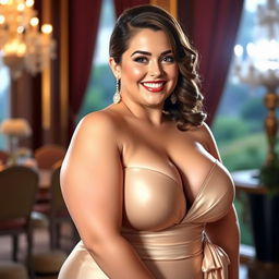 A voluptuous woman with big breasts, wearing elegant attire that accentuates her curves