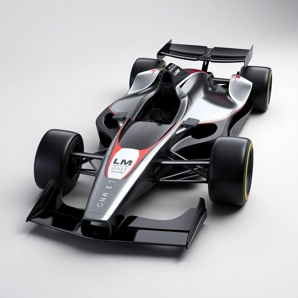 Create an image of the "LM One," a futuristic Formula 1 car with a sleek and aerodynamic design