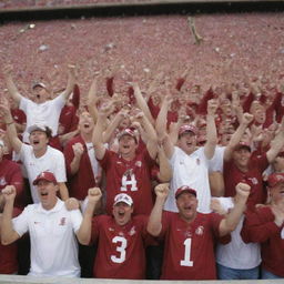 A spirited crowd of Alabama football fans, dressed in crimson and white, cheering enthusiastically in a stadium setting. Include imagery of the Alabama logo and football-themed accessories.