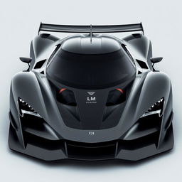 Design a hypercar with a naturally aspirated V24 engine featuring the 'LM' logo, inspired by the elegance and power of Excalibur