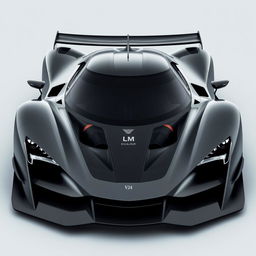 Design a hypercar with a naturally aspirated V24 engine featuring the 'LM' logo, inspired by the elegance and power of Excalibur