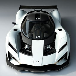 Design a hypercar with a naturally aspirated V24 engine featuring the 'LM' logo, inspired by the elegance and power of Excalibur