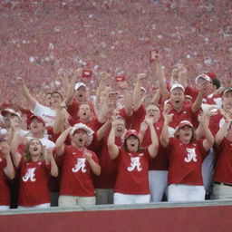 A spirited crowd of Alabama football fans, dressed in crimson and white, cheering enthusiastically in a stadium setting. Include imagery of the Alabama logo and football-themed accessories.