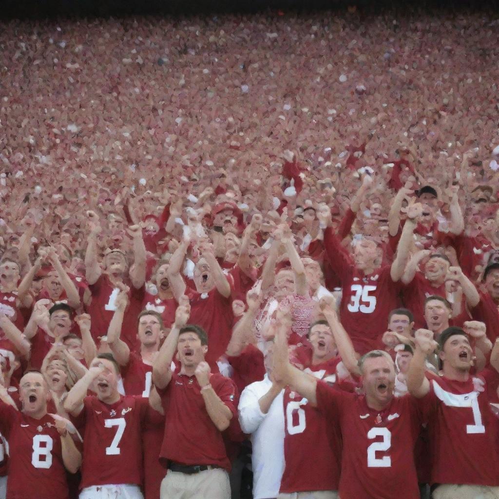 A spirited crowd of Alabama football fans, dressed in crimson and white, cheering enthusiastically in a stadium setting. Include imagery of the Alabama logo and football-themed accessories.