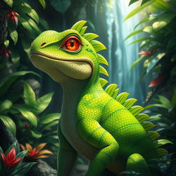 A majestic lizard-like creature with a gentle expression, lush green scales, and intricate patterns