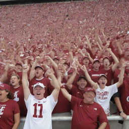 A spirited crowd of Alabama football fans, dressed in crimson and white, cheering enthusiastically in a stadium setting. Include imagery of the Alabama logo and football-themed accessories.