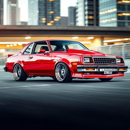 A meticulously tuned 1985 Chevrolet Chevy Nova parked in a sleek urban setting