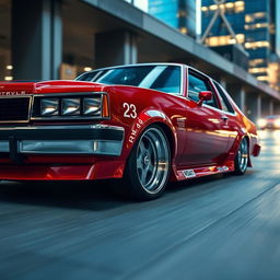 A meticulously tuned 1985 Chevrolet Chevy Nova parked in a sleek urban setting